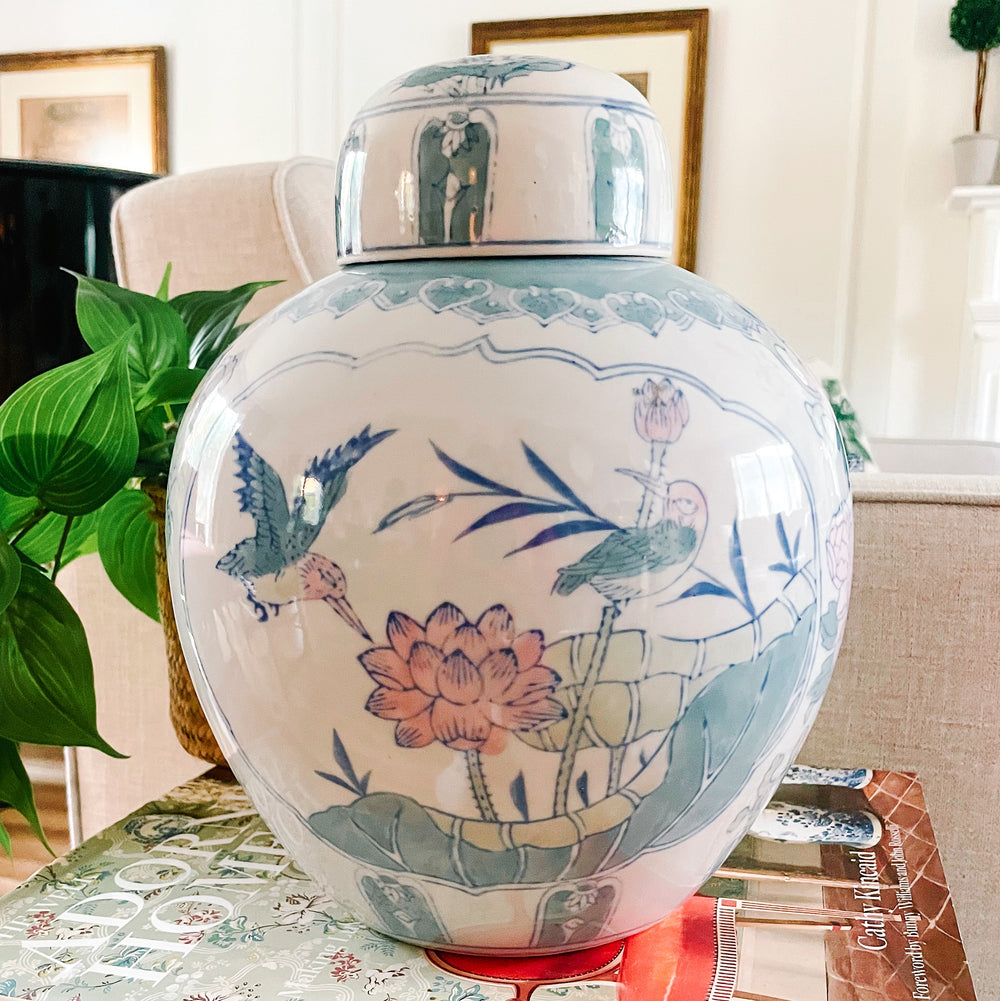 vintage Chinese Pink Lotus Ginger Jar With Flat Top