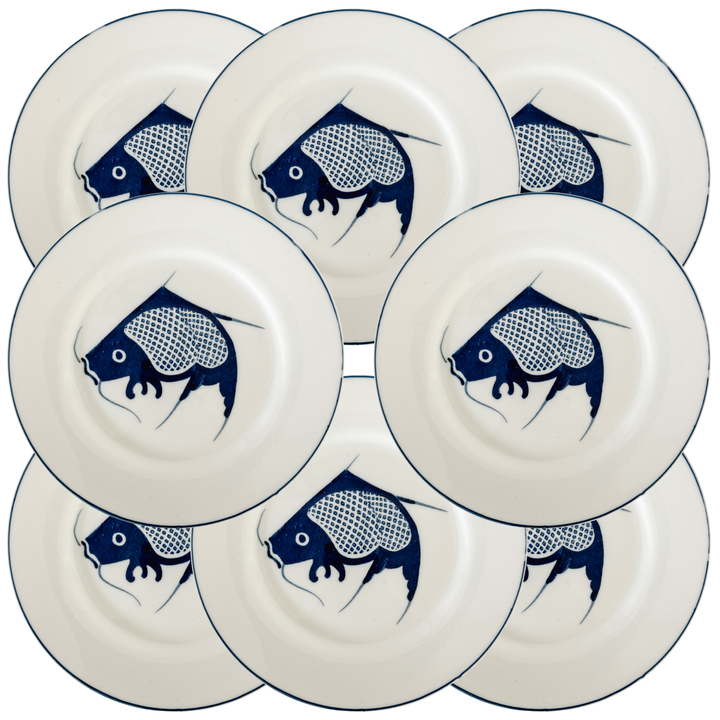 Vintage Chinoiserie Blue & White Koi Fish Dinner Plates – Set of 8