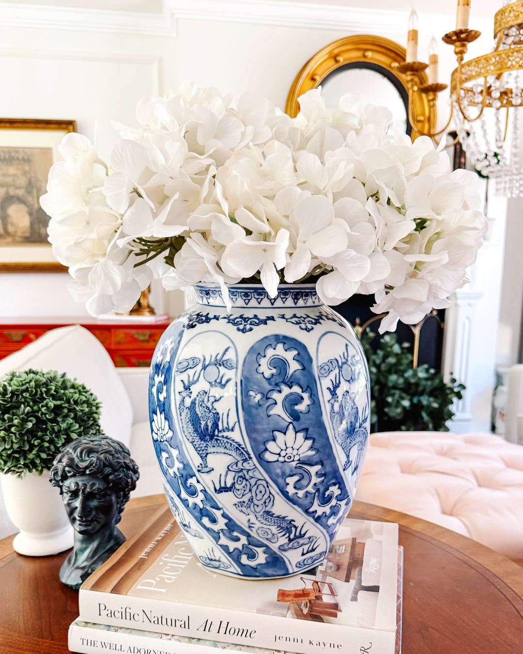 Vintage Chinoiserie Blue and White Swirl Dragon Vase