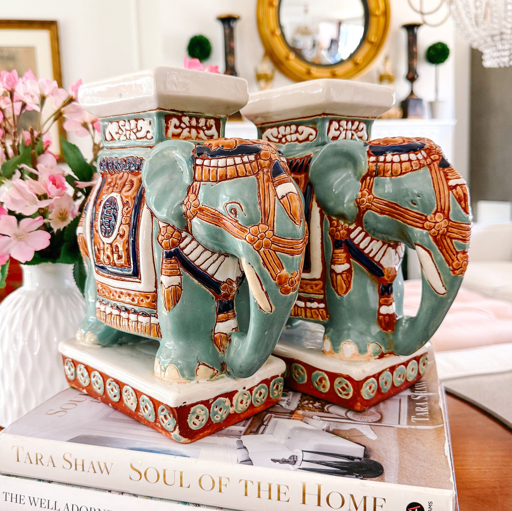 Vintage Chinoiserie Celadon & Ochre Ceramic Elephant Glazed Plant Stands / Bookends
