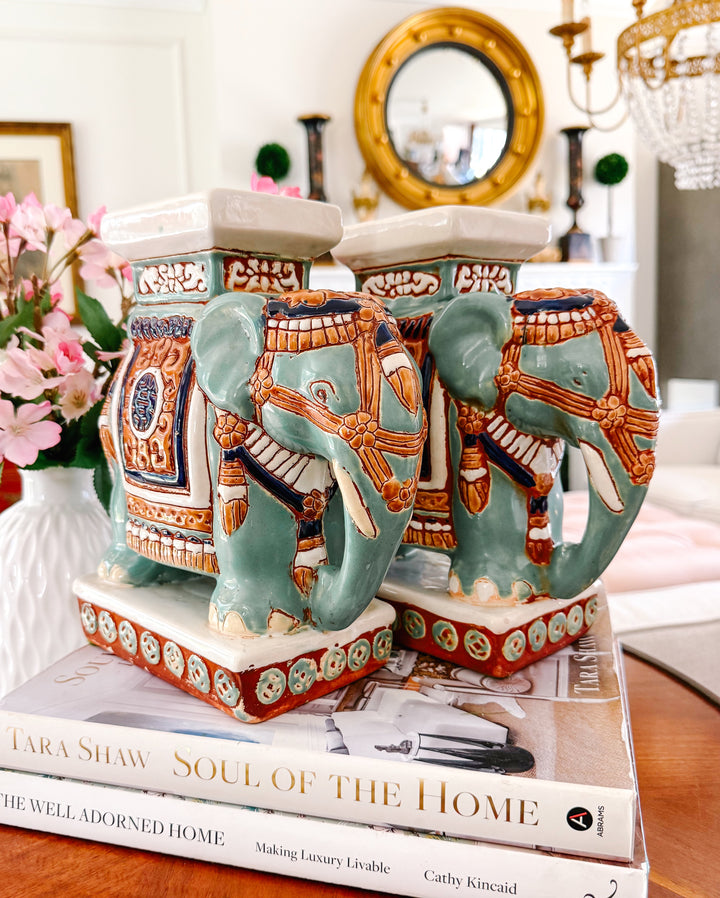 Vintage Chinoiserie Celadon & Ochre Ceramic Elephant Glazed Plant Stands / Bookends