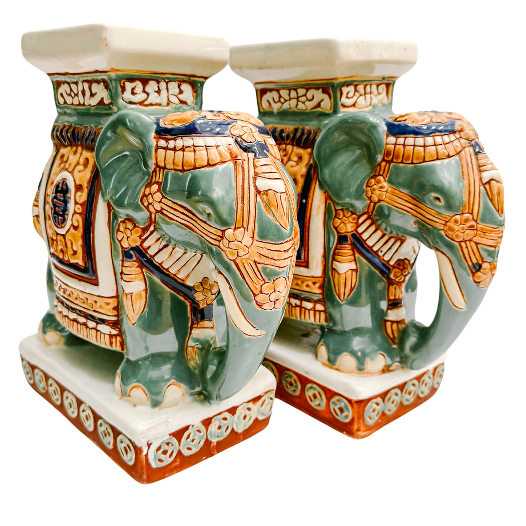 Vintage Chinoiserie Ceramic Elephants Bookends