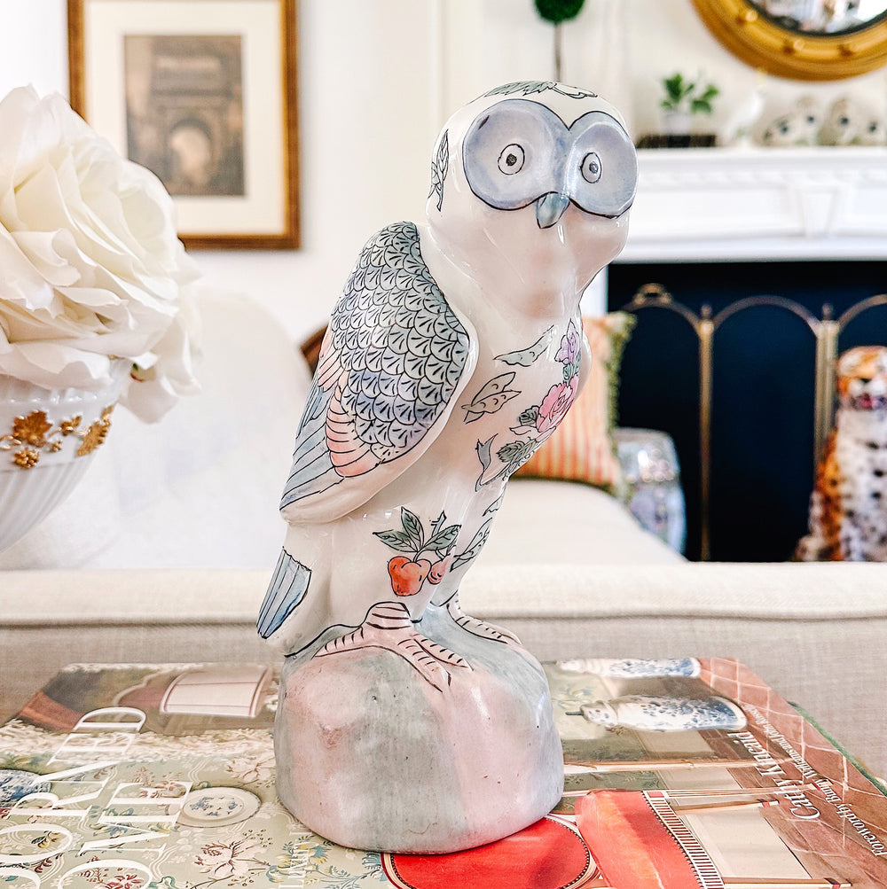 Vintage Chinoiserie Famille Rose Porcelain Owl