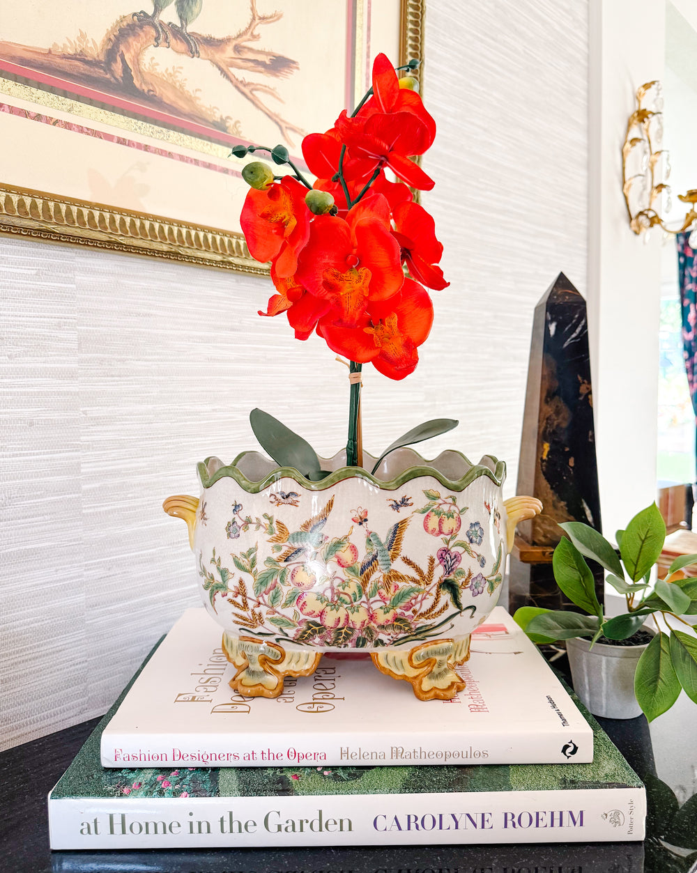 Vintage Chinoiserie Fruit & Birds Footed Cachepot