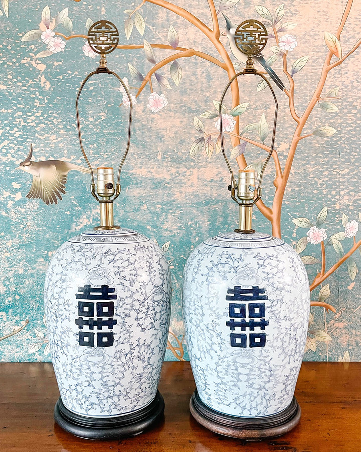 Mid 20th Century Chinoiserie Powder Blue Double Happiness Ginger Jar Lamps