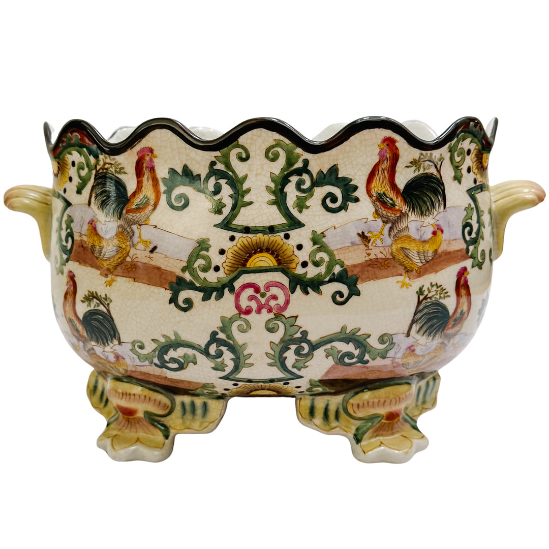 Vintage Chinoiserie Rooster Footed Scalloped Cachepot