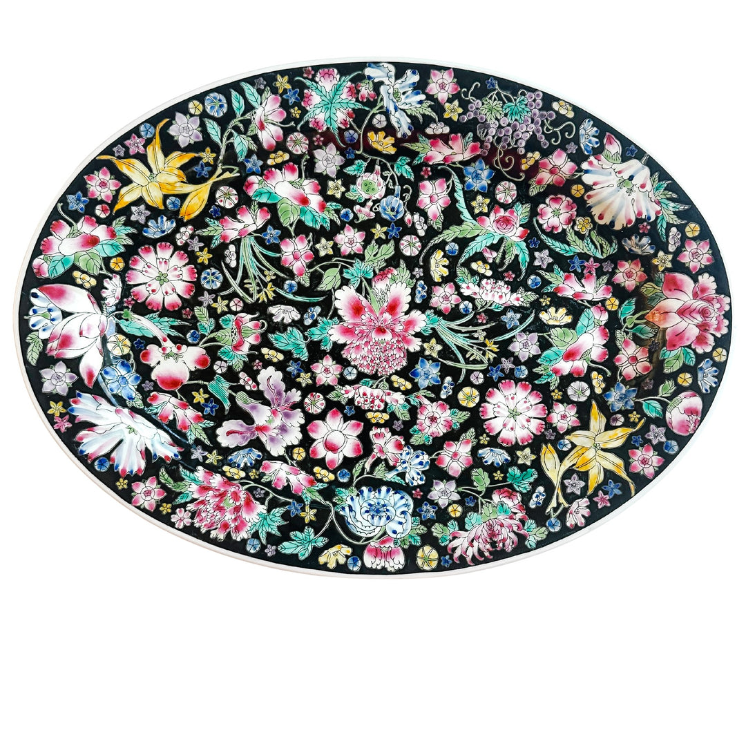 Vintage Famille Noire Millefleur Chinoiserie Oval Platter