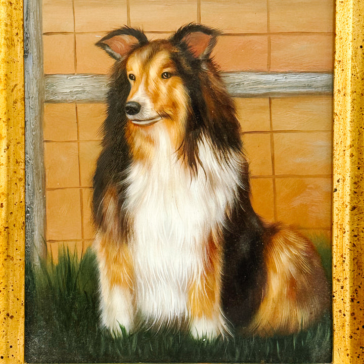 Framed Oil on Board Portrait of a Rough Collie