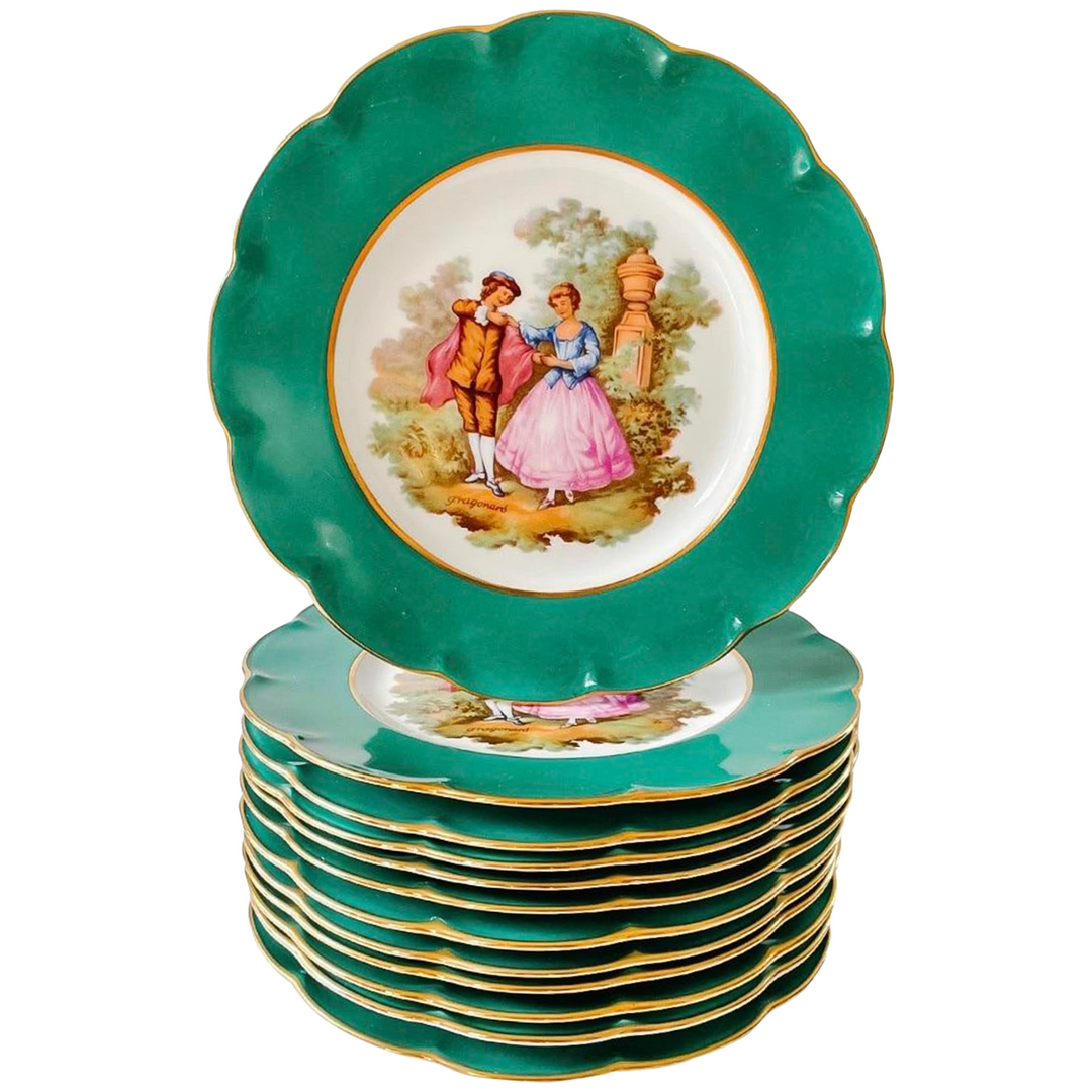 French Limoges Porcelain Dinner Plates With Fragonard Lovers Scenes