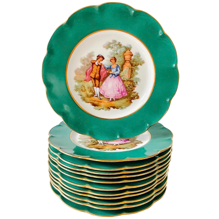 French Limoges Porcelain Dinner Plates With Fragonard Lovers Scenes