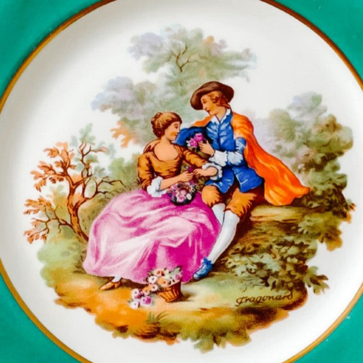 French Limoges Dinner Plates With Fragonard Lovers Scenes, Set of 12
