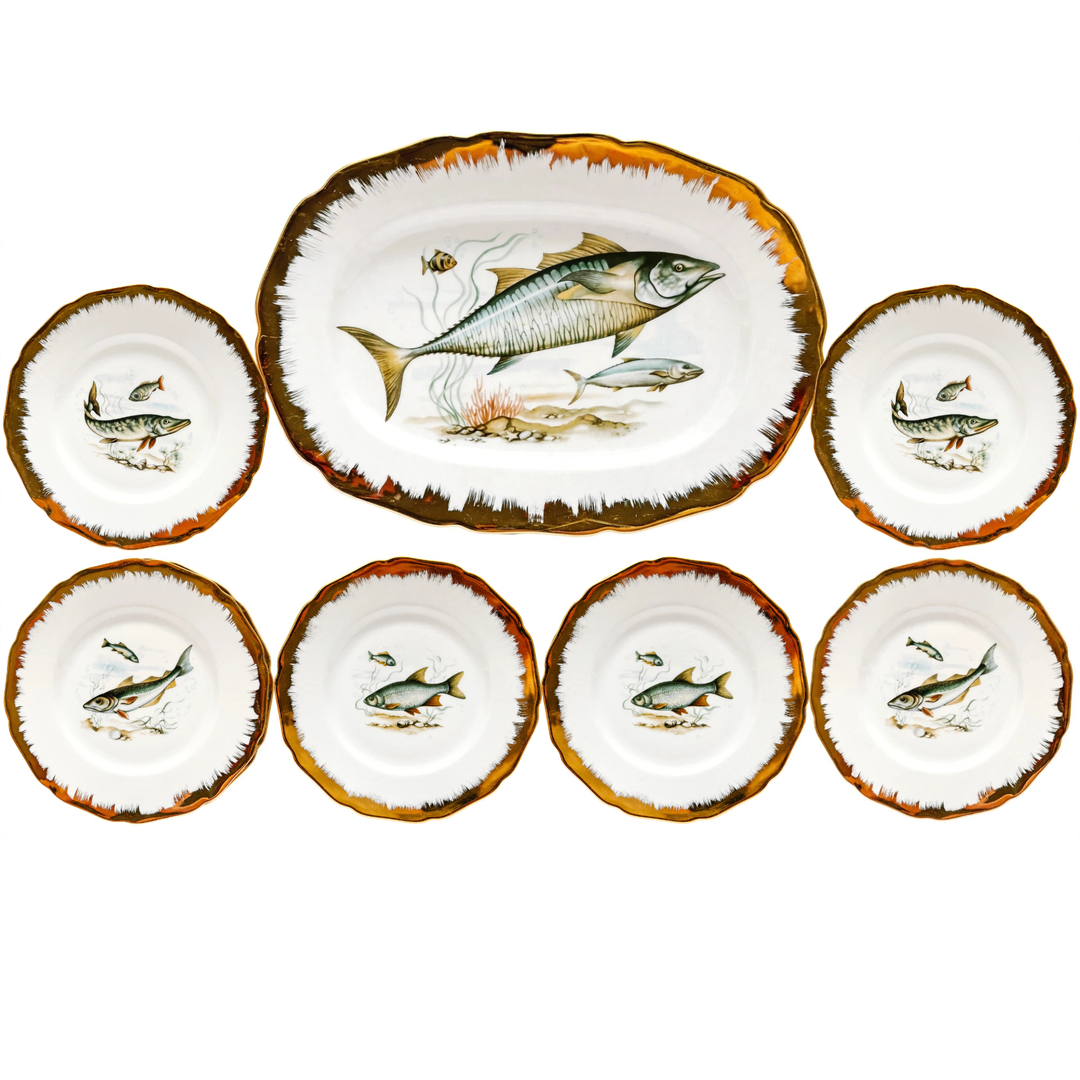 Vintage German Porcelain Fish Service Set – 6 Dinner Plates & Large Platter by Hutschenreuther Hohenberg (5)