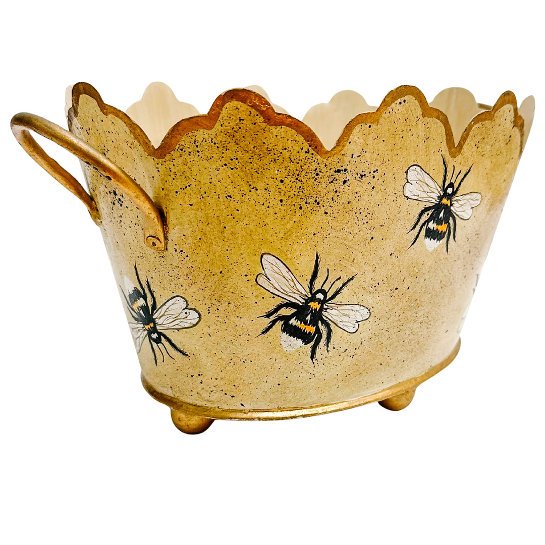 Vintage Gold French Country Tole Cachepot With Bees, Small
