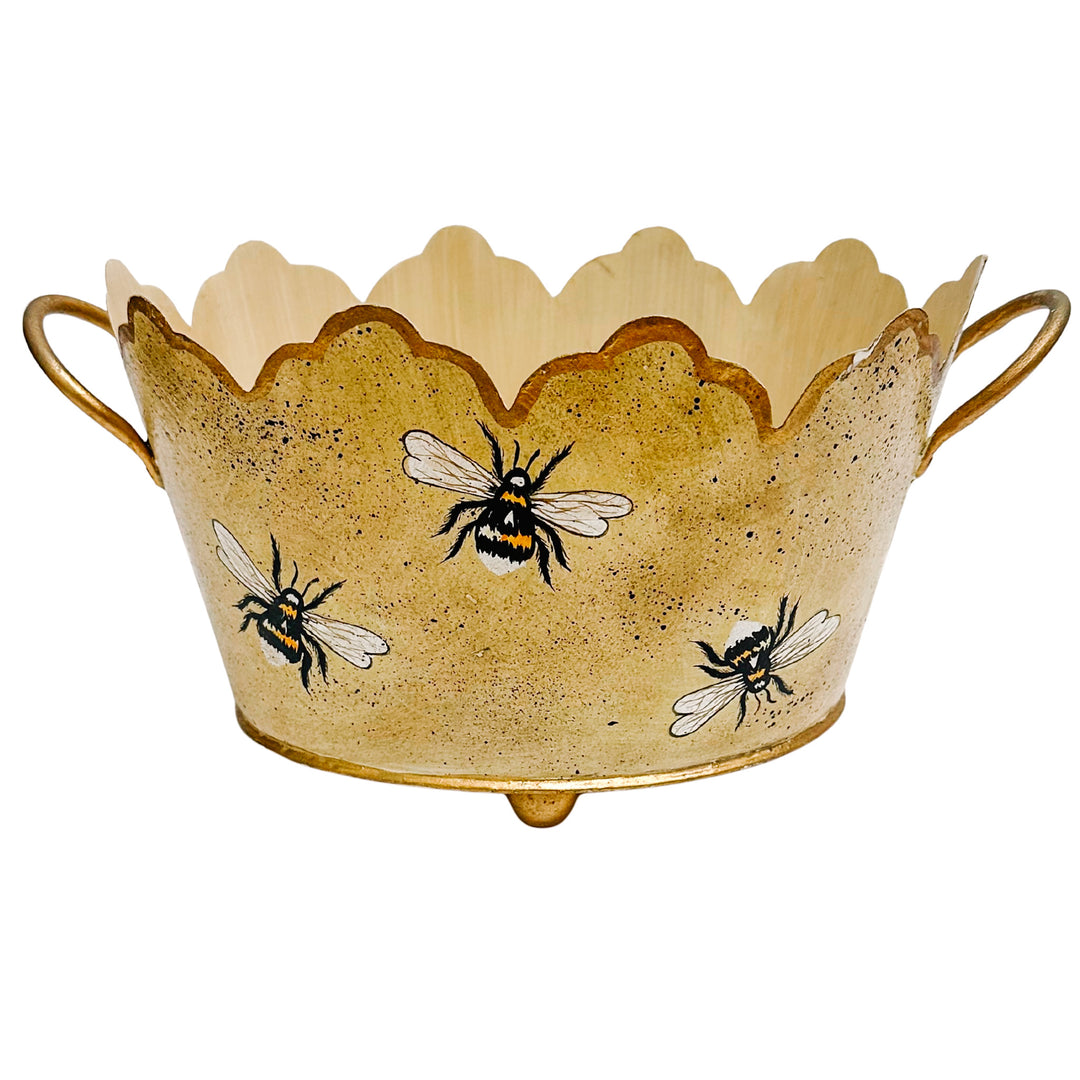 Vintage Gold French Country Tole Cachepot With Bees, Small