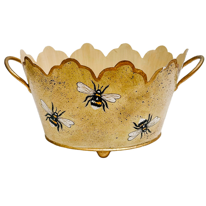 Vintage Gold French Country Tole Cachepot With Bees, Small
