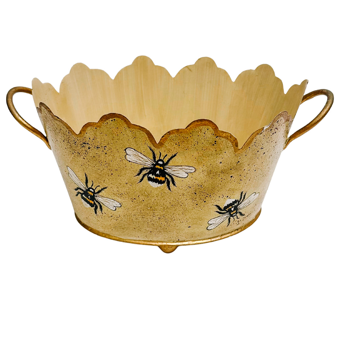 Vintage Gold French Country Tole Cachepot With Bees, Small