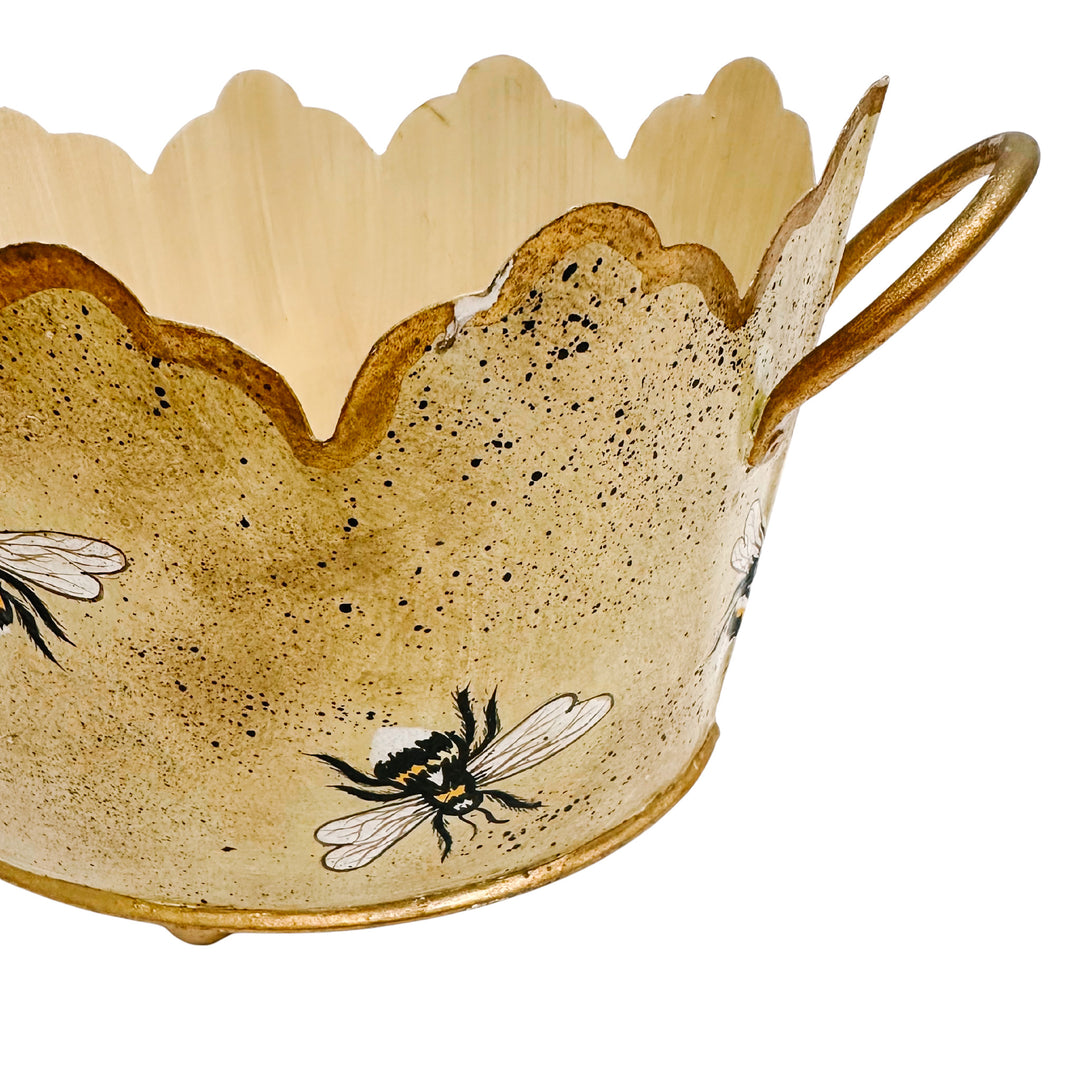 Vintage Gold French Country Tole Cachepot With Bees, Small