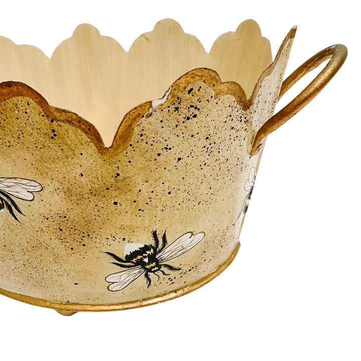 Vintage Gold French Country Tole Cachepot With Bees, Small