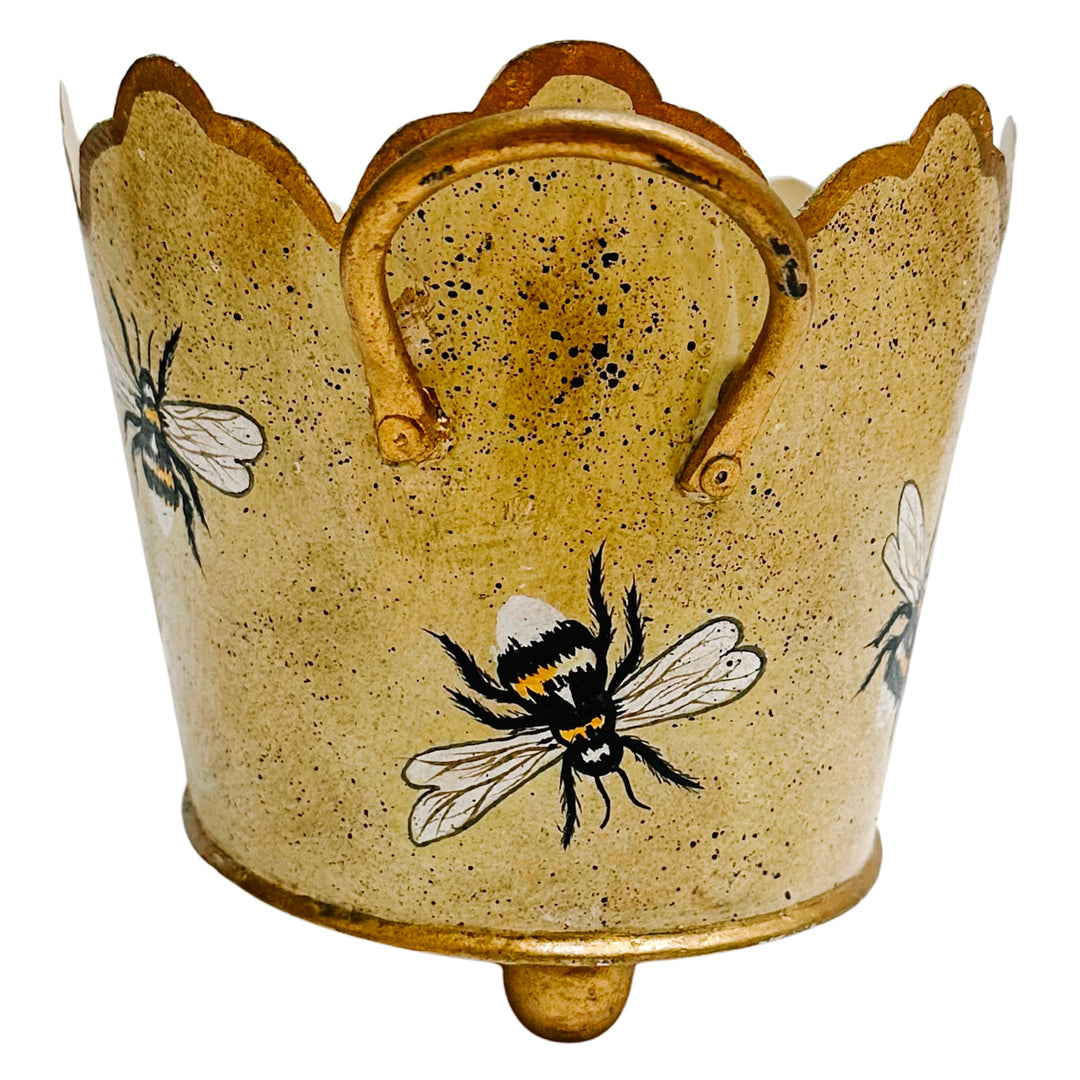 Vintage Gold French Country Tole Cachepot With Bees, Small