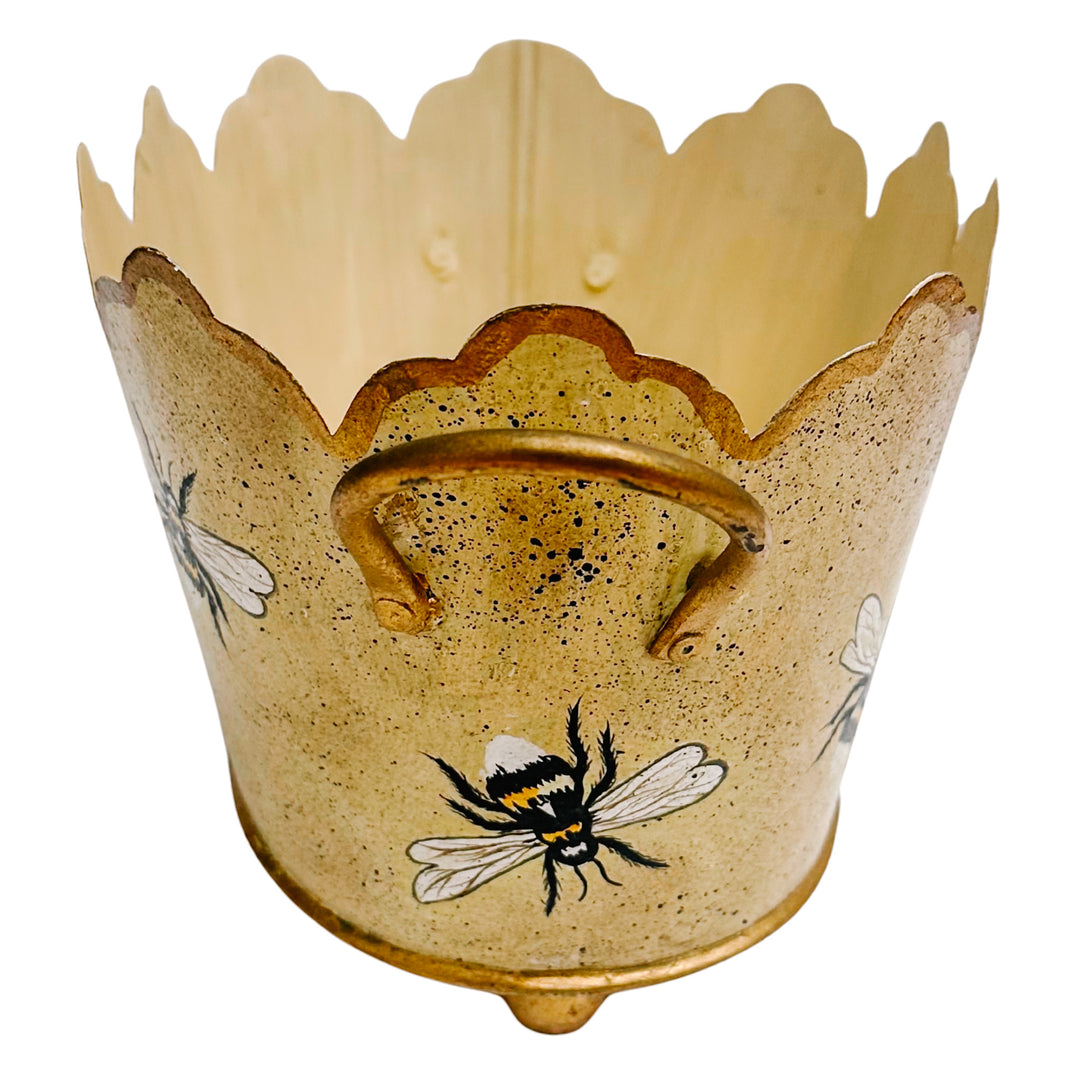 Vintage Gold French Country Tole Cachepot With Bees, Small