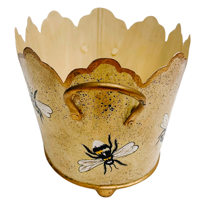 Vintage Gold French Country Tole Cachepot With Bees, Small