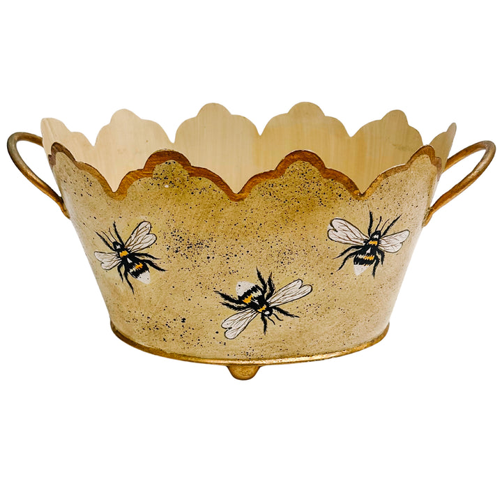 Vintage Gold French Country Tole Cachepot With Bees, Small