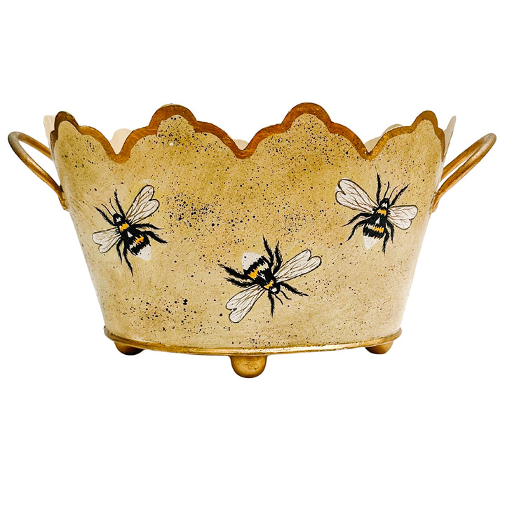 Vintage Gold French Country Tole Cachepot With Bees, Small