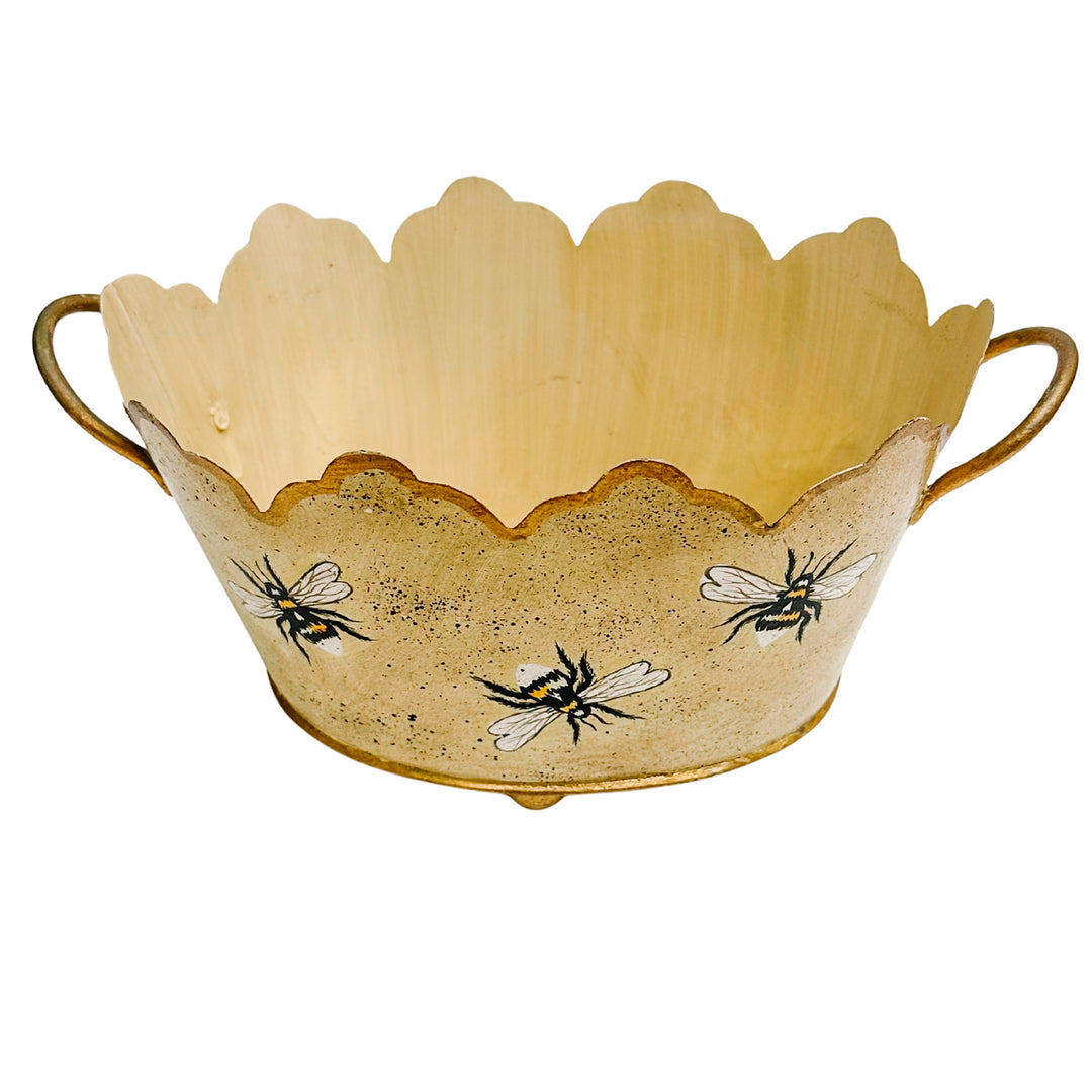 Vintage Gold French Country Tole Cachepot With Bees, Small