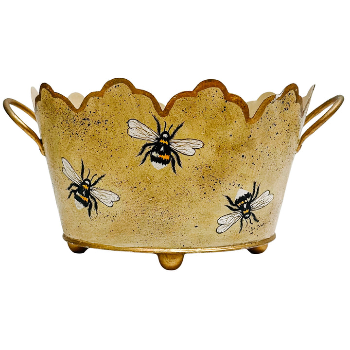 Vintage Gold French Country Tole Cachepot With Bees, Small
