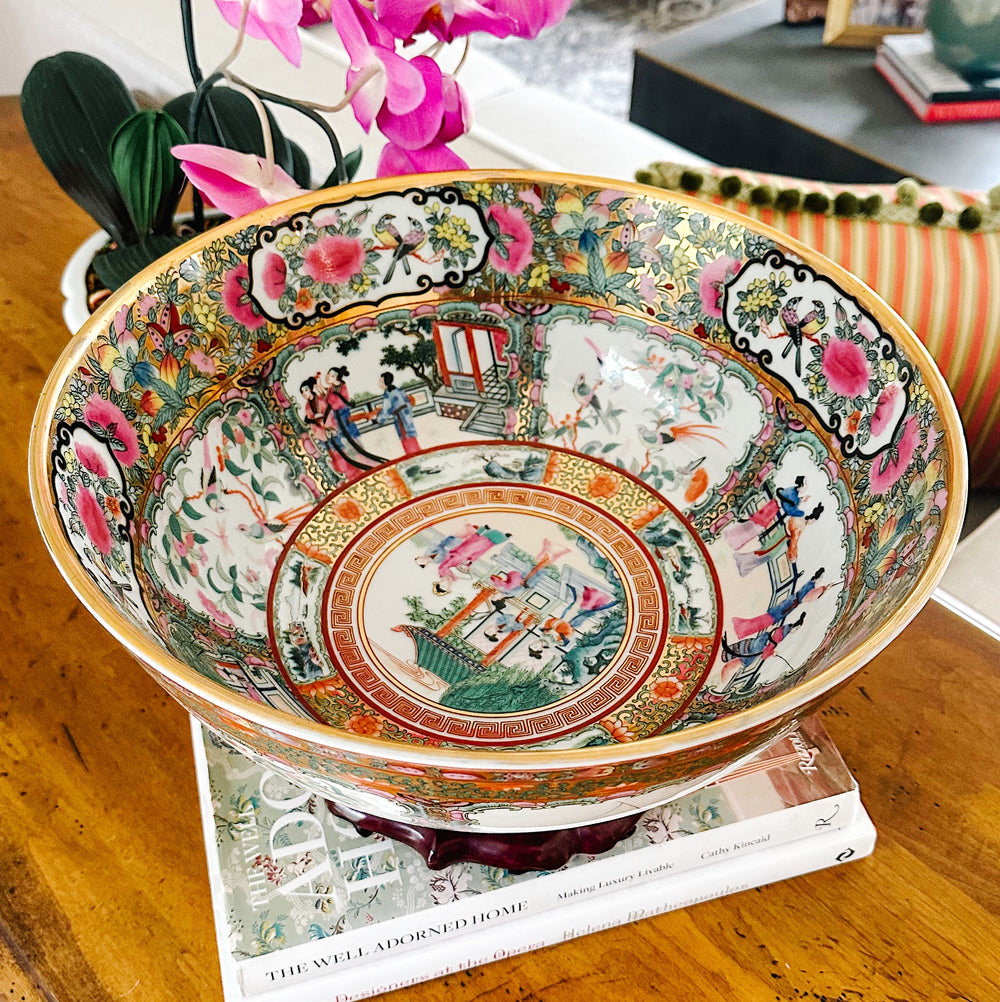 Large Gold Mirrored Famille Rose Medallion Bowl With Stand