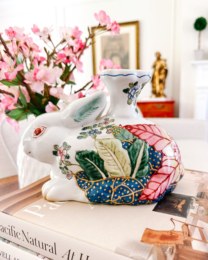 Vintage Hand-Painted Chinoiserie Tobacco Leaf Porcelain Rabbit Candlestick