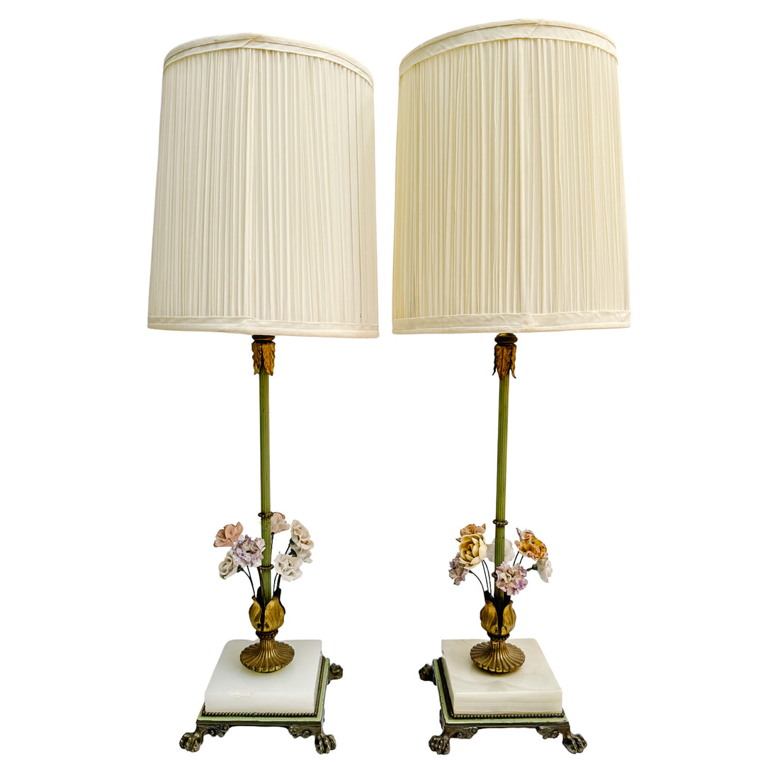 Pair of Hollywood Regency Porcelain Flower Table Lamps With Alabaster Bases by Almco