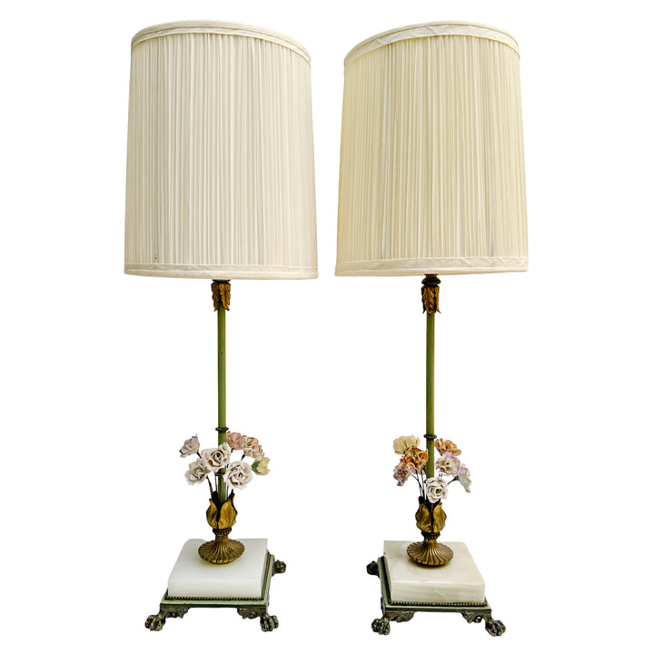 Pair of Hollywood Regency Porcelain Flower Table Lamps With Alabaster Bases by Almco