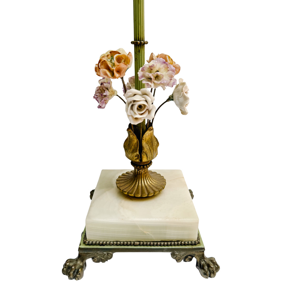 Pair of Hollywood Regency Porcelain Flower Table Lamps With Alabaster Bases by Almco