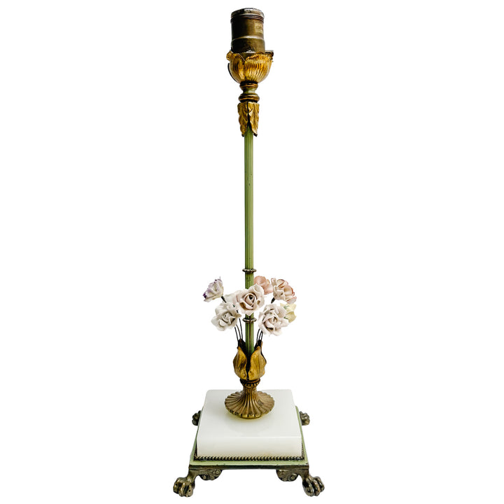 Pair of Hollywood Regency Porcelain Flower Table Lamps With Alabaster Bases by Almco