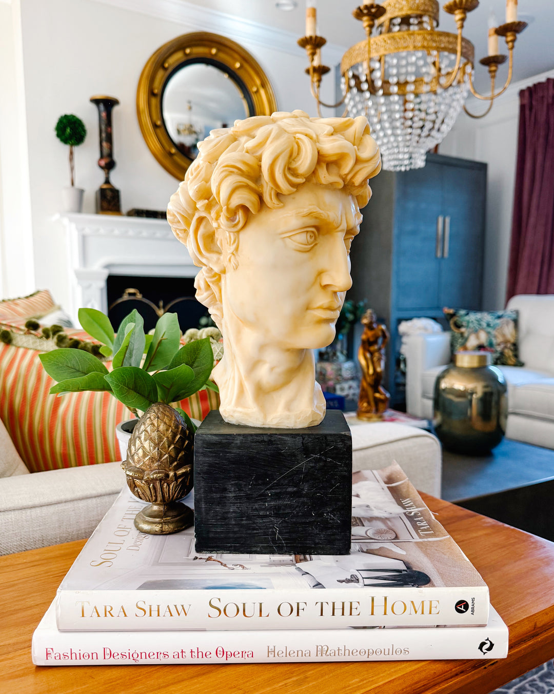 vintage sculpture, a beautifully detailed bust modeled after Michelangelo's iconic David