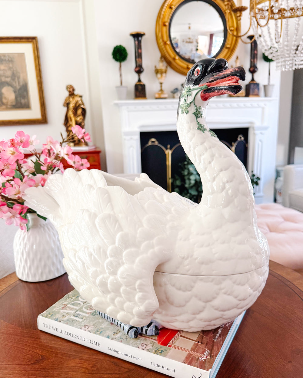 1980s Italian Hand-Painted Ceramic Swan Tureen & Centerpiece in Meissen Style by Chelsea House