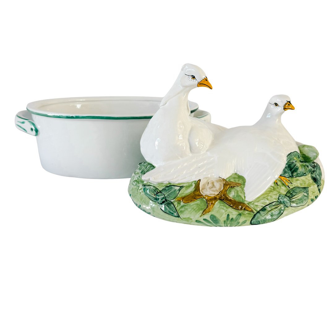 Vintage Italian Majolica Ceramic Double Dove Covered Casserole Dish Centerpiece