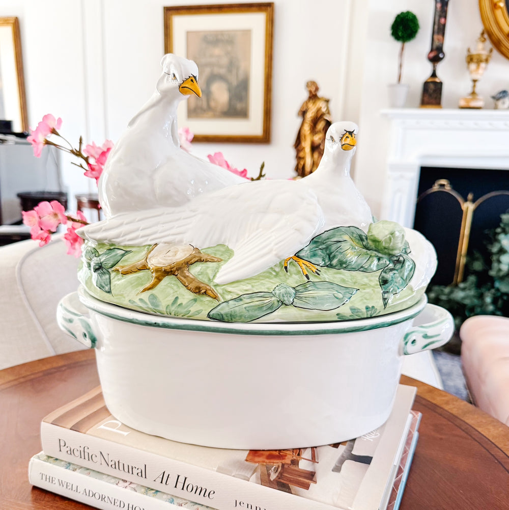 Vintage Italian Majolica Ceramic Double Dove Covered Casserole Dish Centerpiece