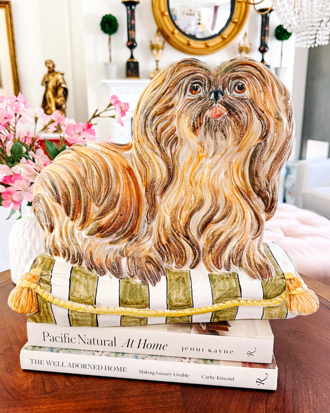 Vintage Italian Majolica Ceramic Pekingese / Shih Tzu Dog on Striped Pillow Statue
