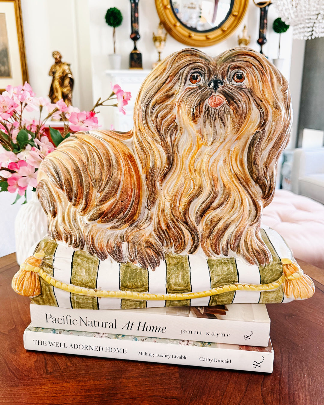 Vintage Italian Majolica Ceramic Pekingese / Shih Tzu Dog on Striped Pillow Statue