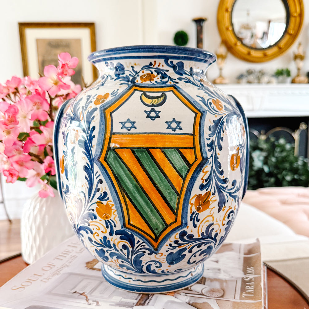 Vintage Italian Majolica Ceramic Vase With Heraldic Crest & Floral Scrollwork