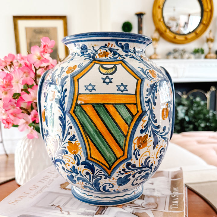 Vintage Italian Majolica Ceramic Vase With Heraldic Crest & Floral Scrollwork