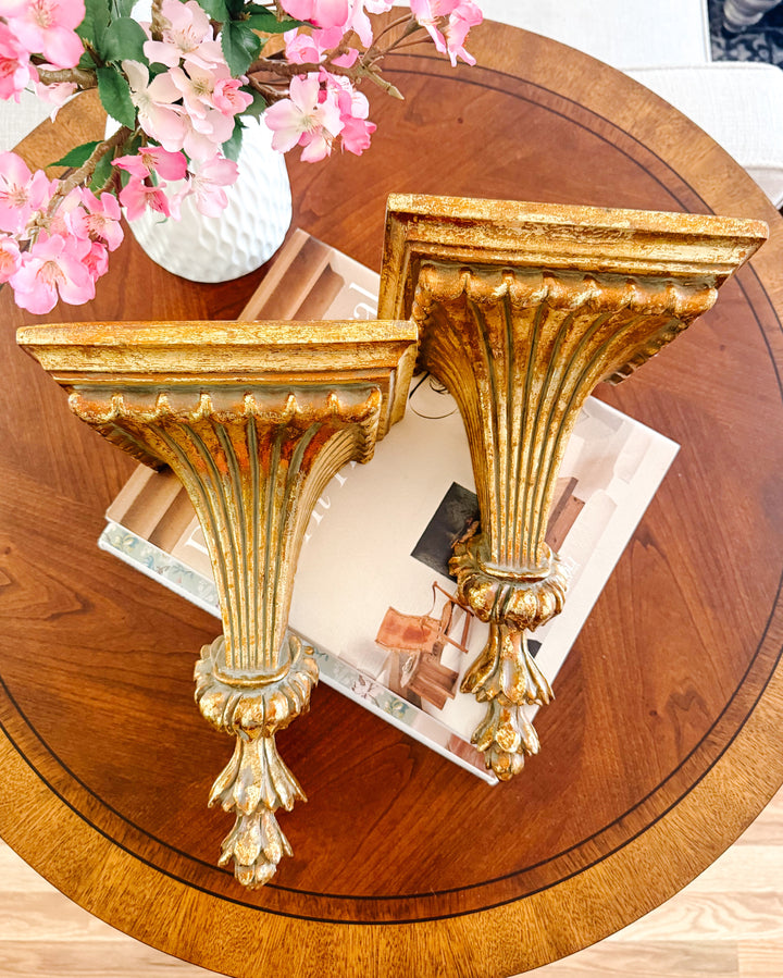 Vintage Italian Neoclassical Style Gilt Fluted Wall Brackets