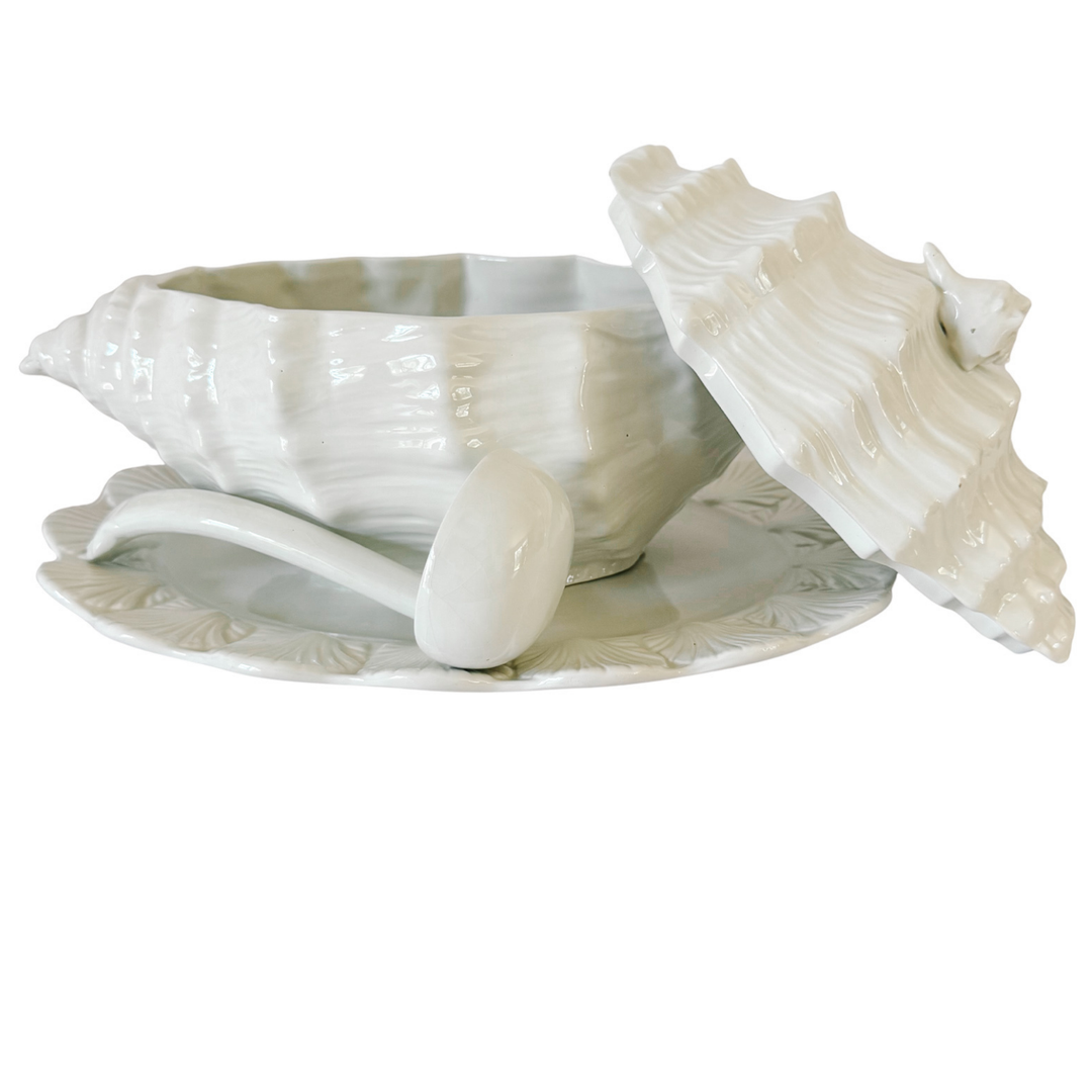 Vintage Italian White Porcelain Conch Shell Tureen Set With Underplate & Ladle