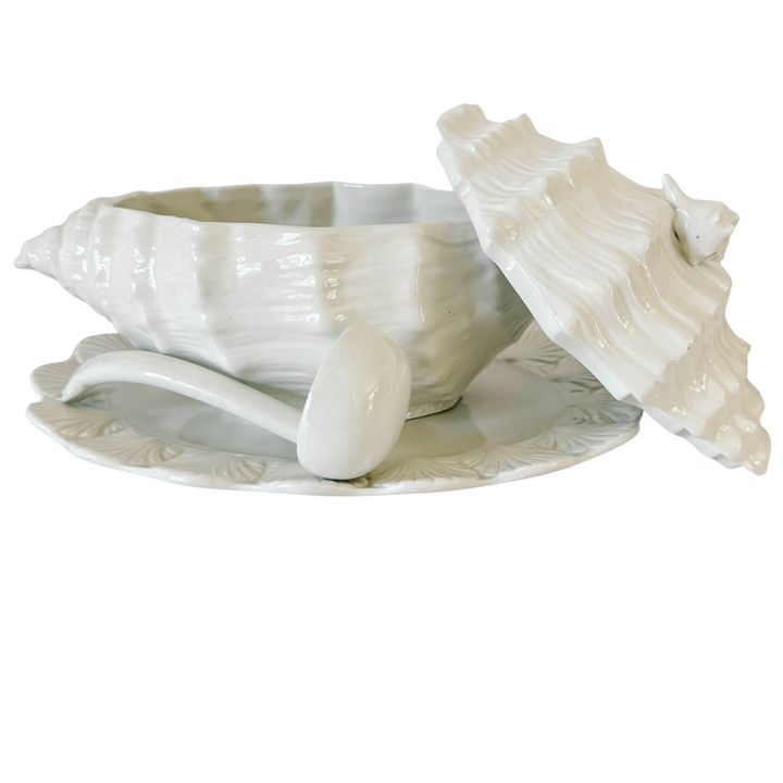 Vintage Italian White Porcelain Conch Shell Tureen Set With Underplate & Ladle