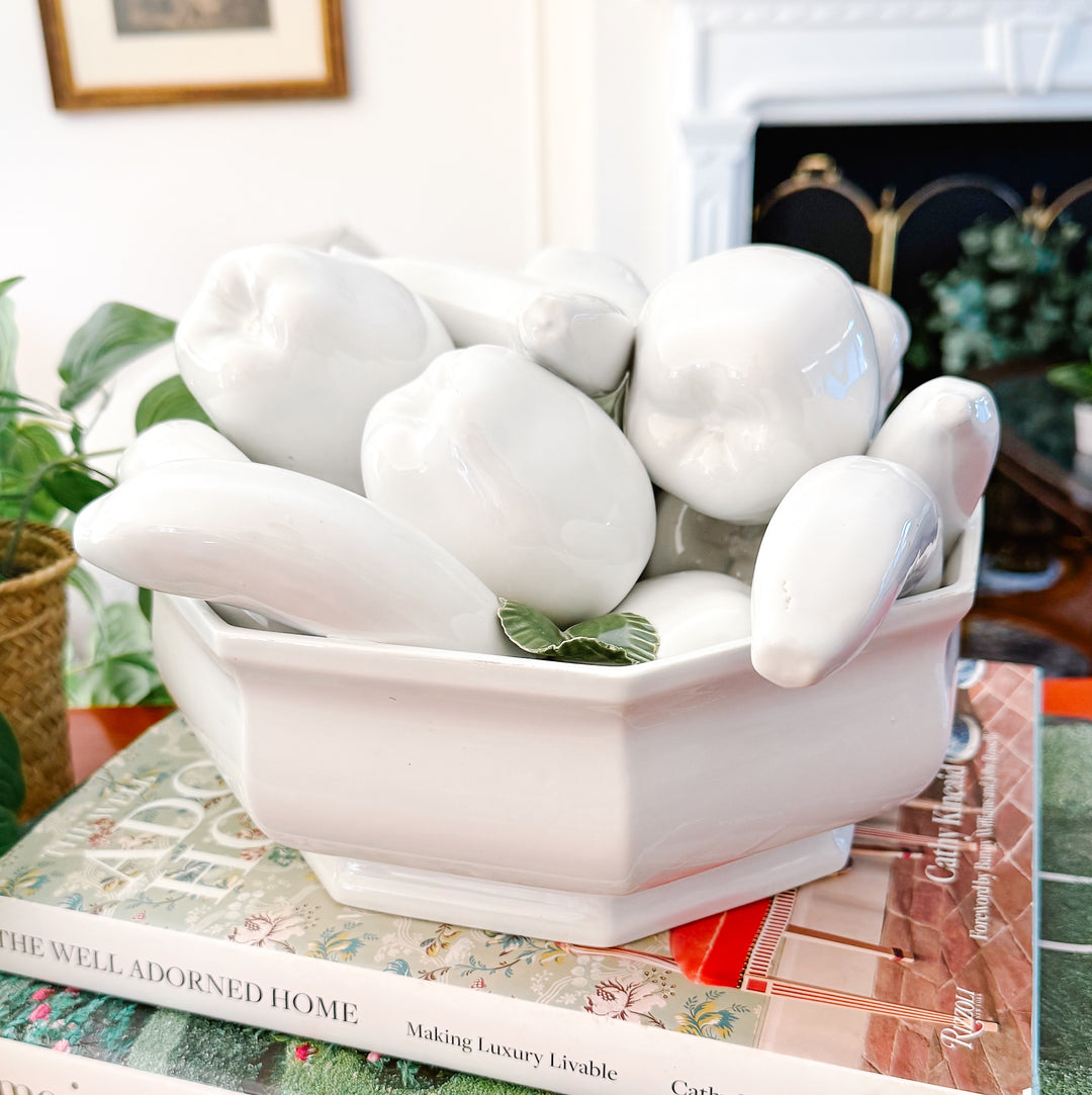 Italian White Trompe L’Oeil Ceramic Fruit Bowl Topiary Centerpiece
