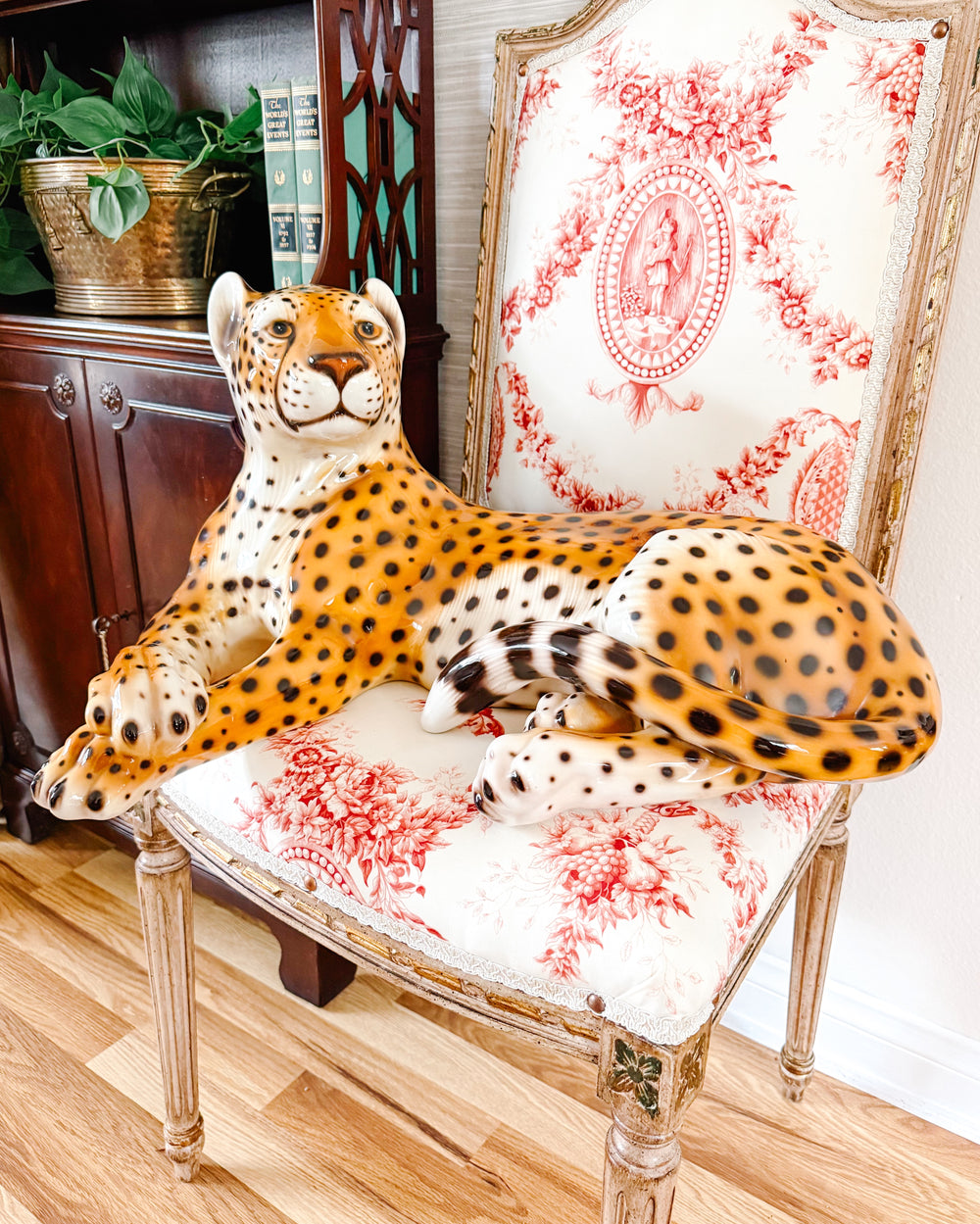 Vintage Large Scale Italian Glazed Porcelain Reclining Leopard Statue