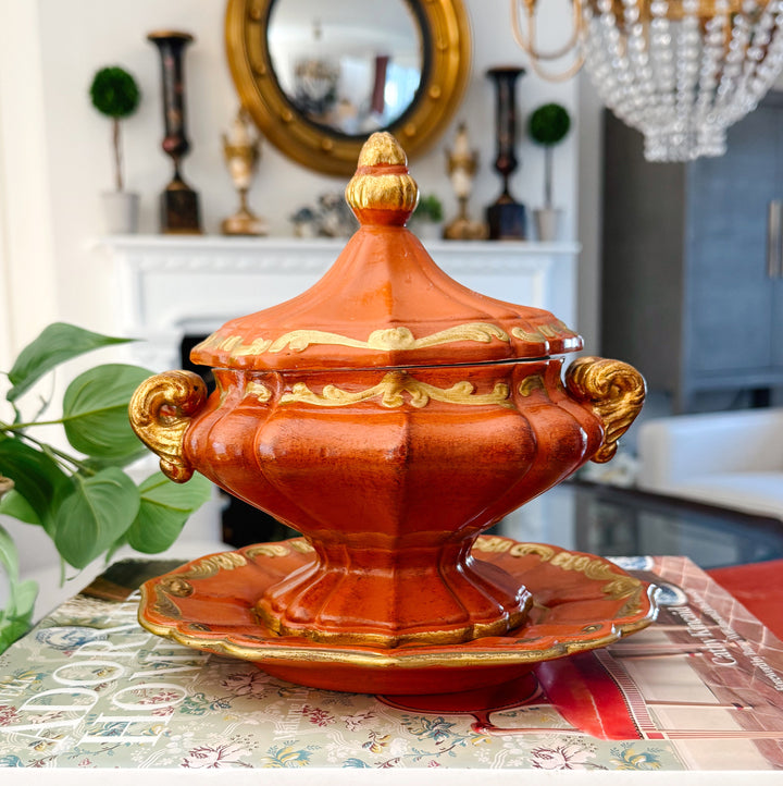 Vintage Mid-Century Italian Gilt Terracotta Tureen & Underplate