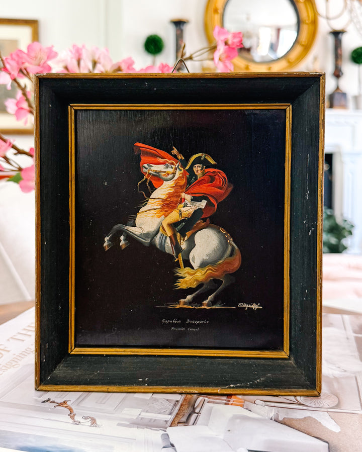 Vintage Miniature Oil Painting of Napoleon Crossing the Alps After Jacques-Louis David - Small Framed French Imperial Portrait Oil on Board